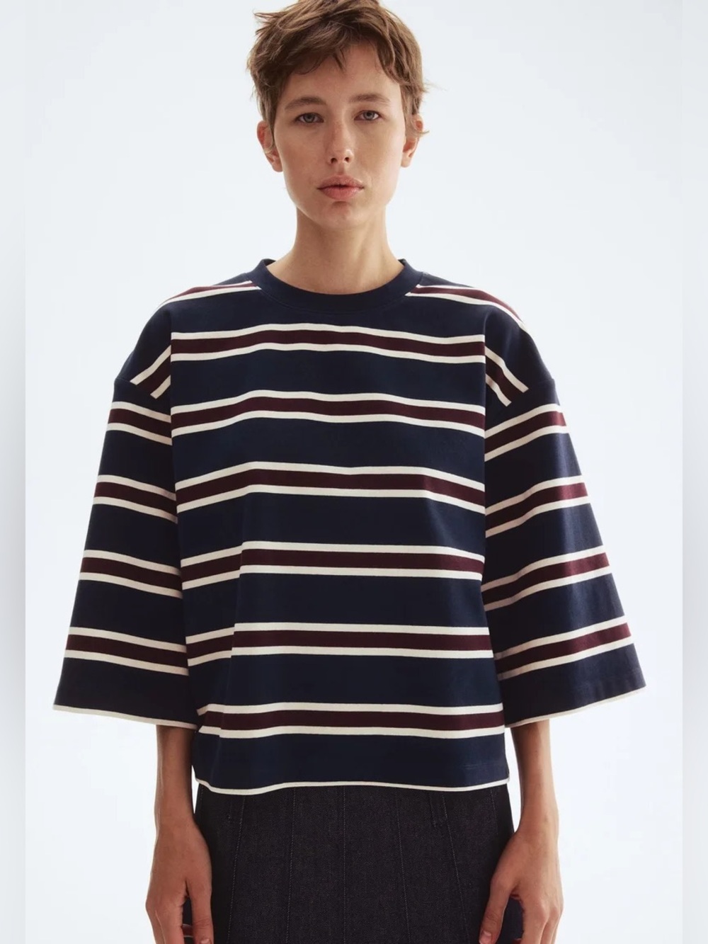 H&M Edition Navy Burgundy Striped Oversized Boxy Top US L Like new